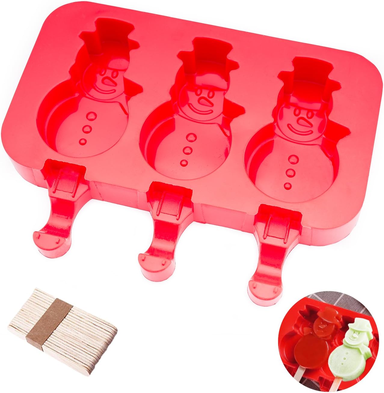 beicemania® Snowman Silicone Ice Lolly Mould With Wooden Popsicle Sticks Classic Red