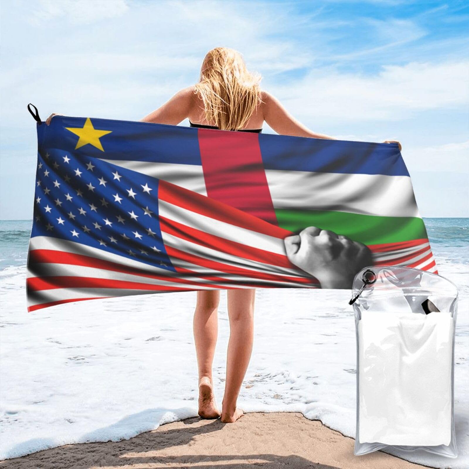HACXZ Beach Towel America Flag and Central African Republic Flag Microfiber Beach Towel Lightweight Absorbent 31.5"X63"