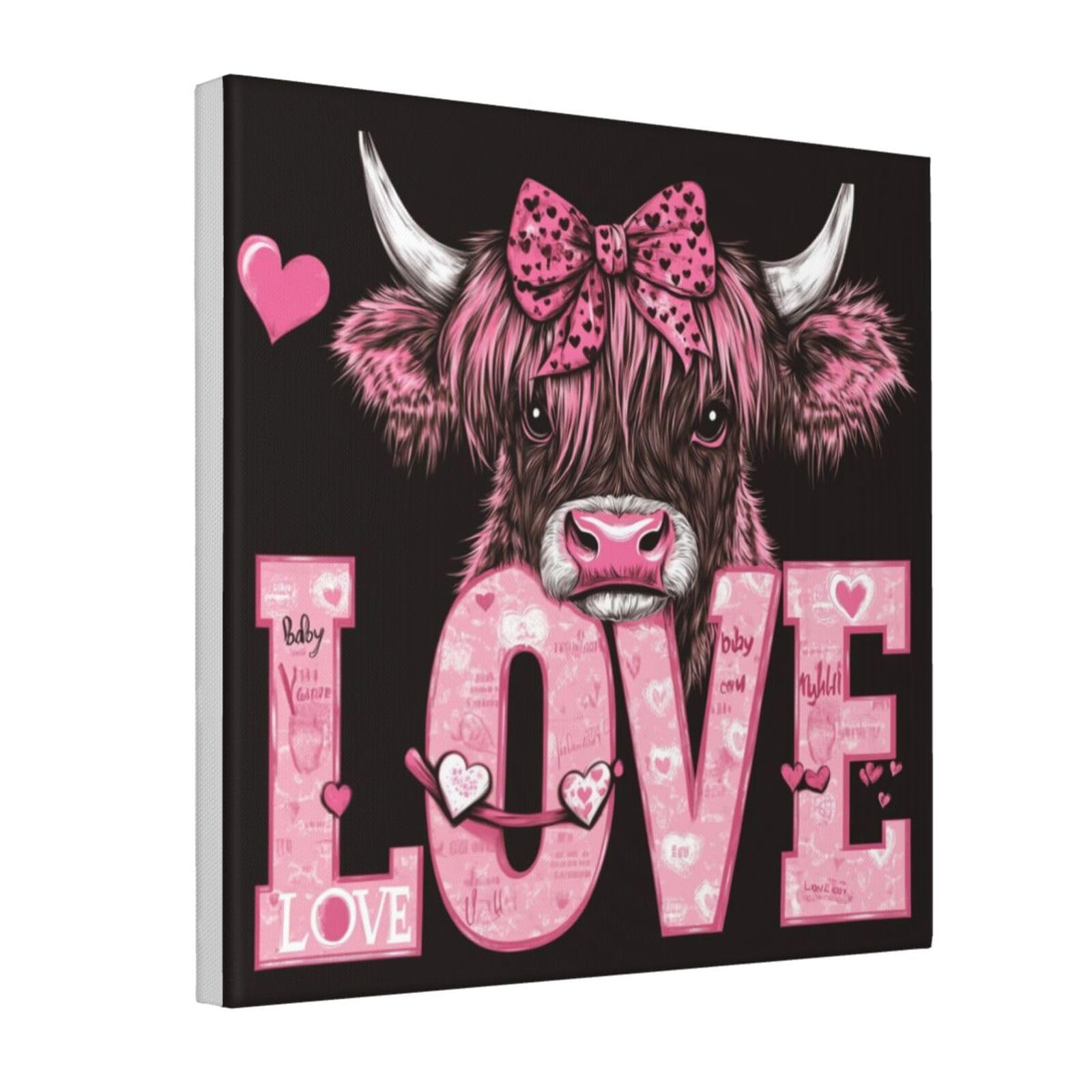 Woshuwo White Highland Cow With Pink Coquette Valentine Bow Canvas Wall Art Poster Aesthetic Print Painting For Dorm Bedroom Living Room,30X30cm Framed