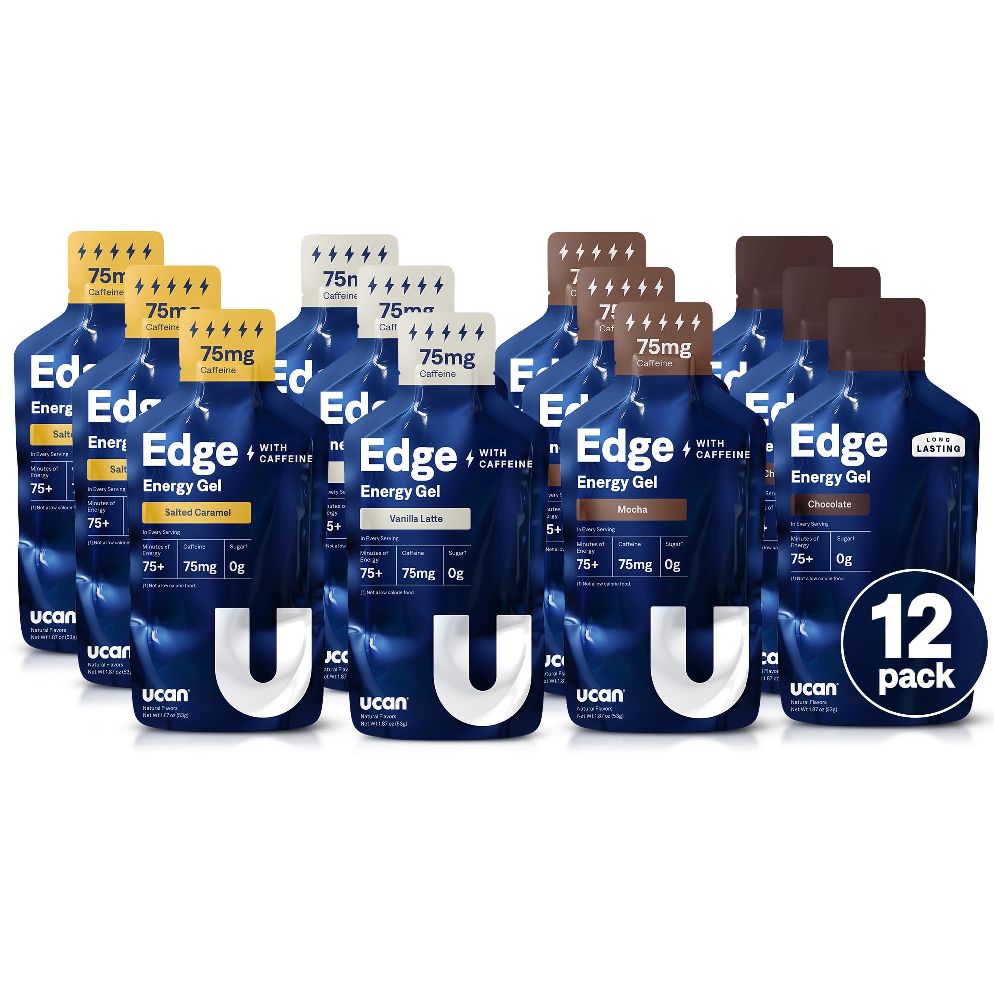 UCAN Edge Energy Gel Shots, Caffeine Variety Pack (12, 2 Ounce Packets) for Running, Training, Workouts, Fitness, Cycling, Crossfit | Sugar-Free, Vegan, &amp; Keto Friendly Energy