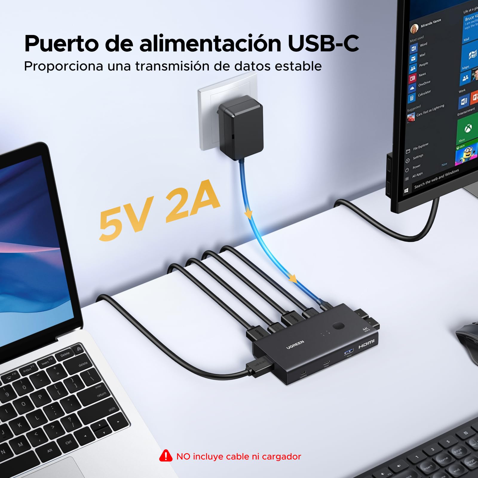 UGREEN Switch KVM HDMI 2.0 2 Entradas 1 Salidas 4K 60 Hz Conmutador KVM para 2 pc con 4 puertos USB 3.0 5Gbps para Teclado Ratón Disco Duro Controlador de Escritorio compatible con Windows Linux macOS