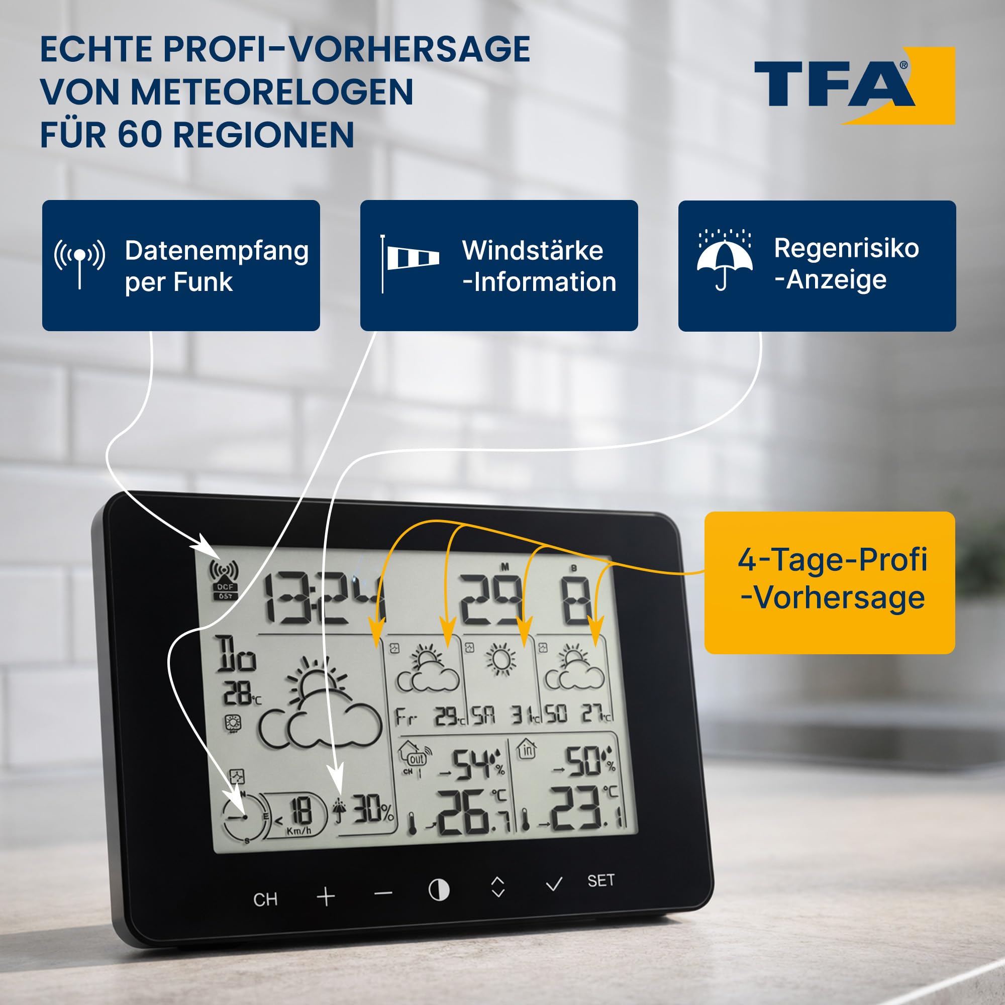TFA Dostmann Wetter Info Center METEOTIME PRIMO, 35.1156.01, Wetterstation, für 90 Wetterregionen in Europa, mit Regenwahrscheinlichkeit, Windstärke, schwarz