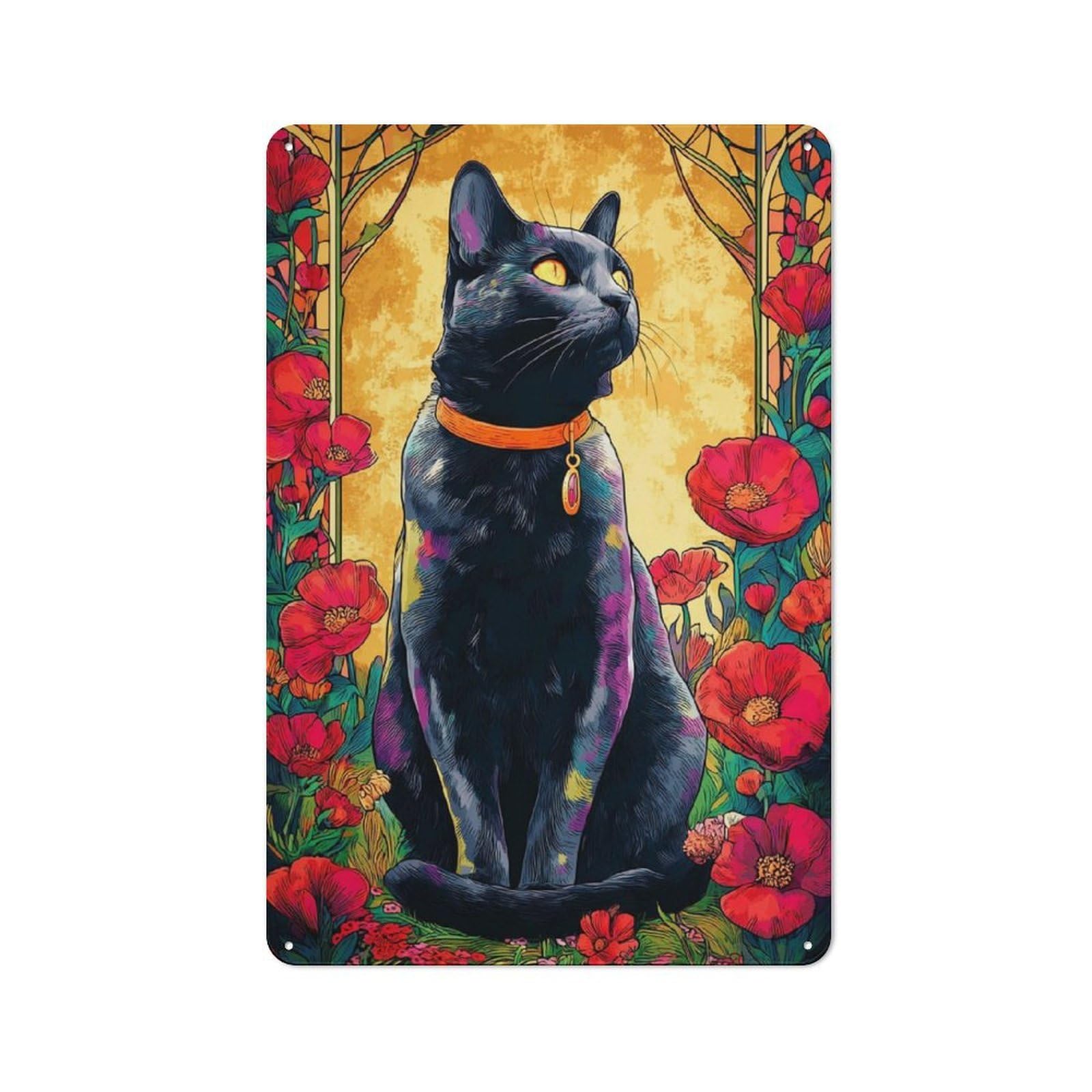 Junmoney Colorful Cat Amidst Flowers -3 Retro Metal Sign 30X20cm, Classic Pub Decor For Cafe, Pub, Workshop Or Home Bar, For Casual British Interiors