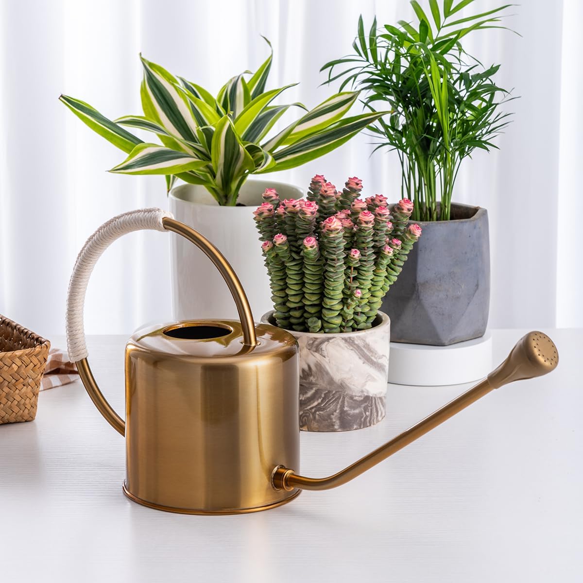 Yowon Stainless Steel Watering Can 40 oz Long Spout Indoor Outdoor Plant Watering Wrap Twine Around The Handle with 2 Removable Spray Spout for Flowers