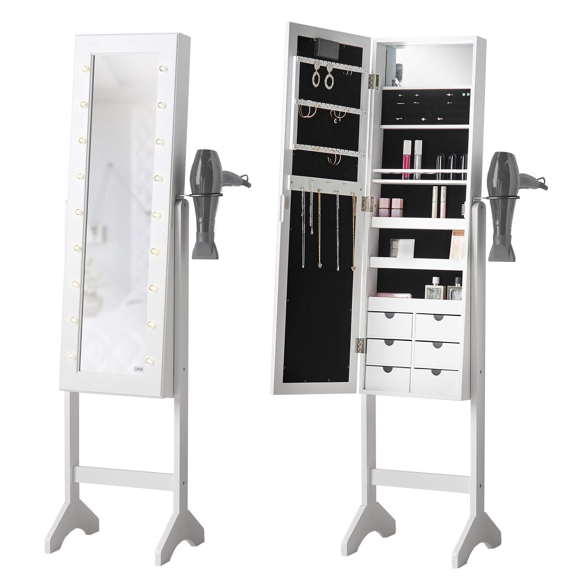 Armoire à bijoux sur pied verrouillable meuble de rangement miroir LED chambre