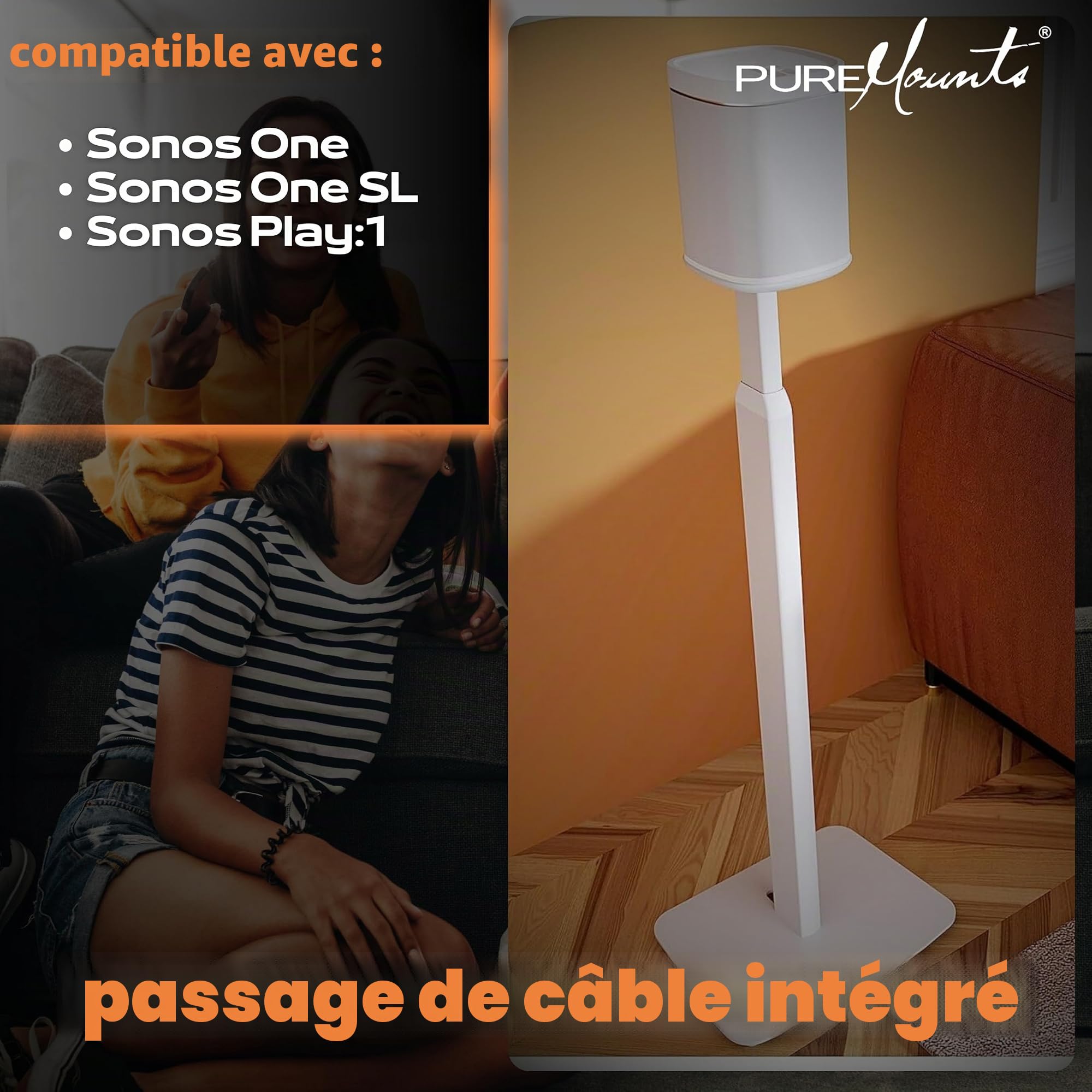 PureMounts® Pied d'enceinte réglable en Hauteur pour SONOS One®, SONOS One SL®, capacité de Charge 3 kg, Distance au Mur 25 cm, Acier et Aluminium, Blanc