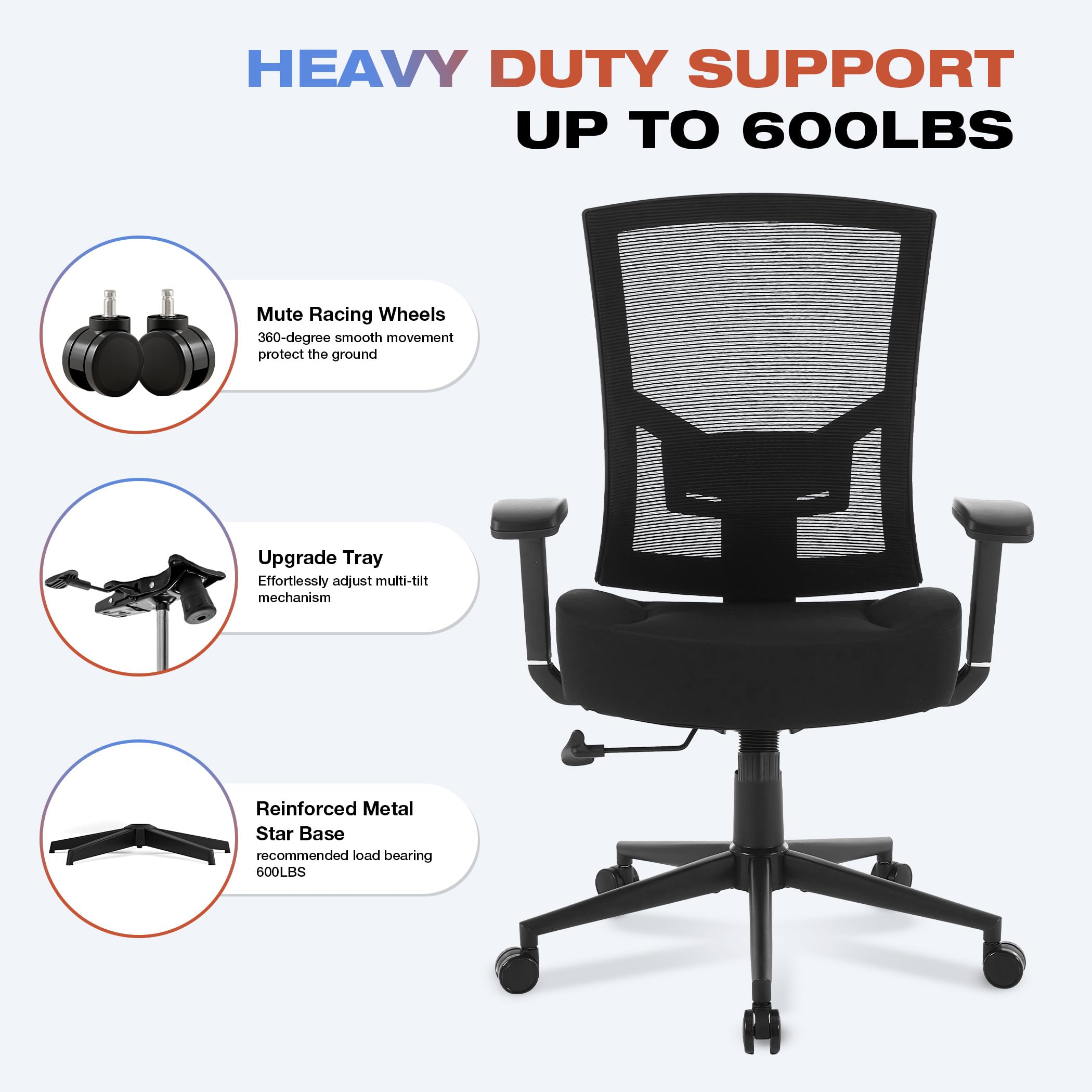 Big and Tall Office Chair 600lbs with Lumbar Support for Eight Hour Daily Work Ergonomic Mesh Desk Chair Widen 3D Cushion for Reading, Gaming