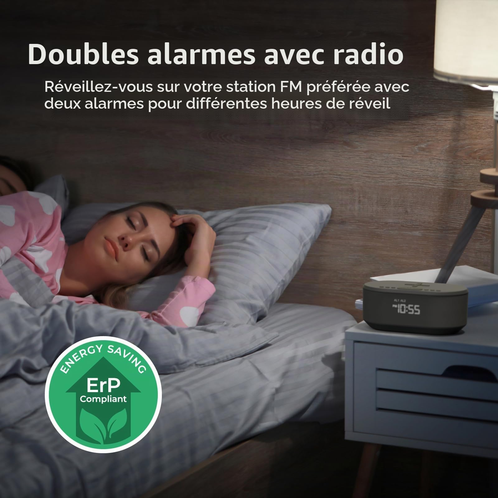 Réveil de chevet sans fil avec affichage LED à intensité variable, sans tic-tac, alimentation secteur avec chargeur USB et enceinte Bluetooth
