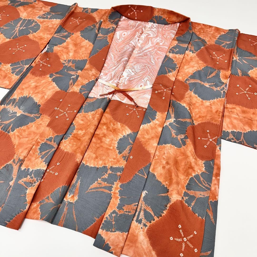 上質✨ 着物 正絹 訪問着 絞り袷 長襦袢付き【F】オレンジ系 白 緑 扇