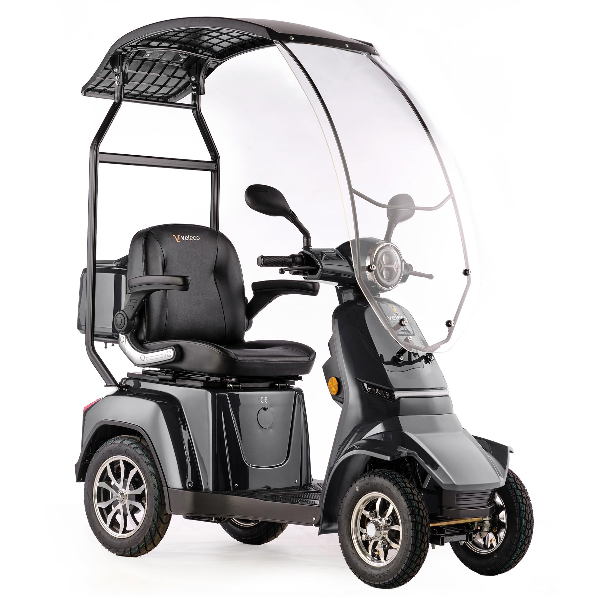 VELECO GRAVIS – dispositivo de movilidad de 4 ruedas – techo con parabrisas – batería de iones de litio extraíble – completamente ensamblado y listo para usar – iluminación LED (Gris)