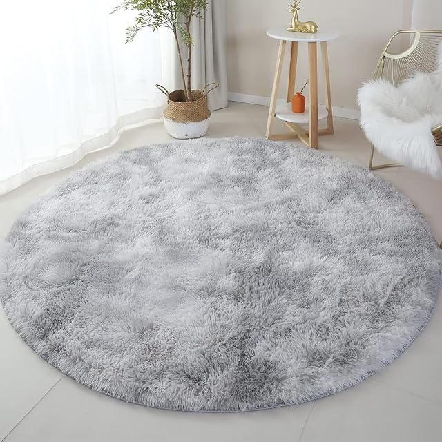 twirush Round Rugs Soft Area Rug Fluffy Shaggy Rugs Bottom Non Slip Rug Washable Rugs Room Carpet for Living Room Kids Room Indoor Floor Area Mat (100cm, Grey white)