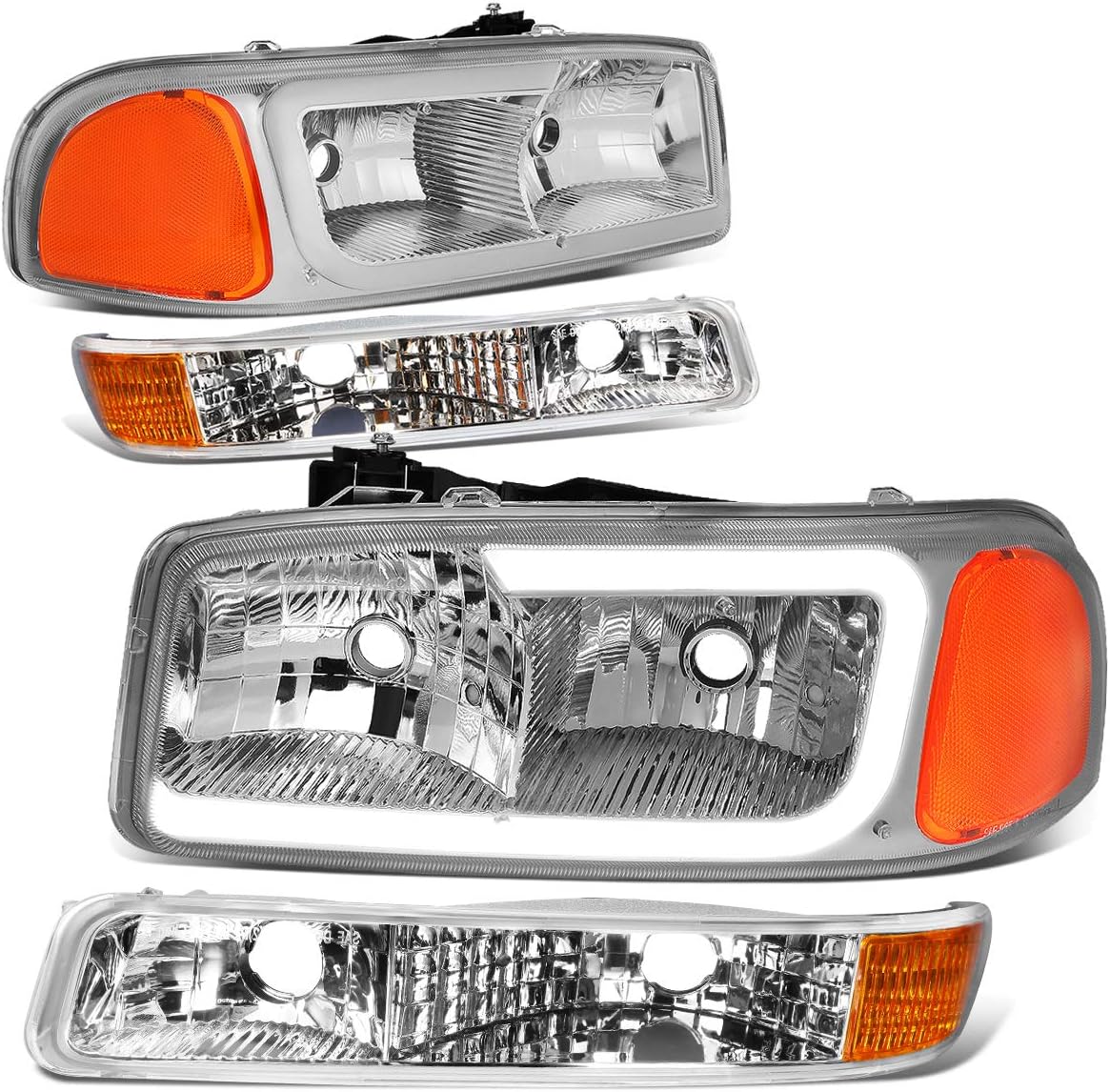 DNA MOTORING HL-LB2-SIERRA99-CH-AM Chrome Amber Bumper Lights+Headlights With LED DRL Replacement For 99-06 Sierra