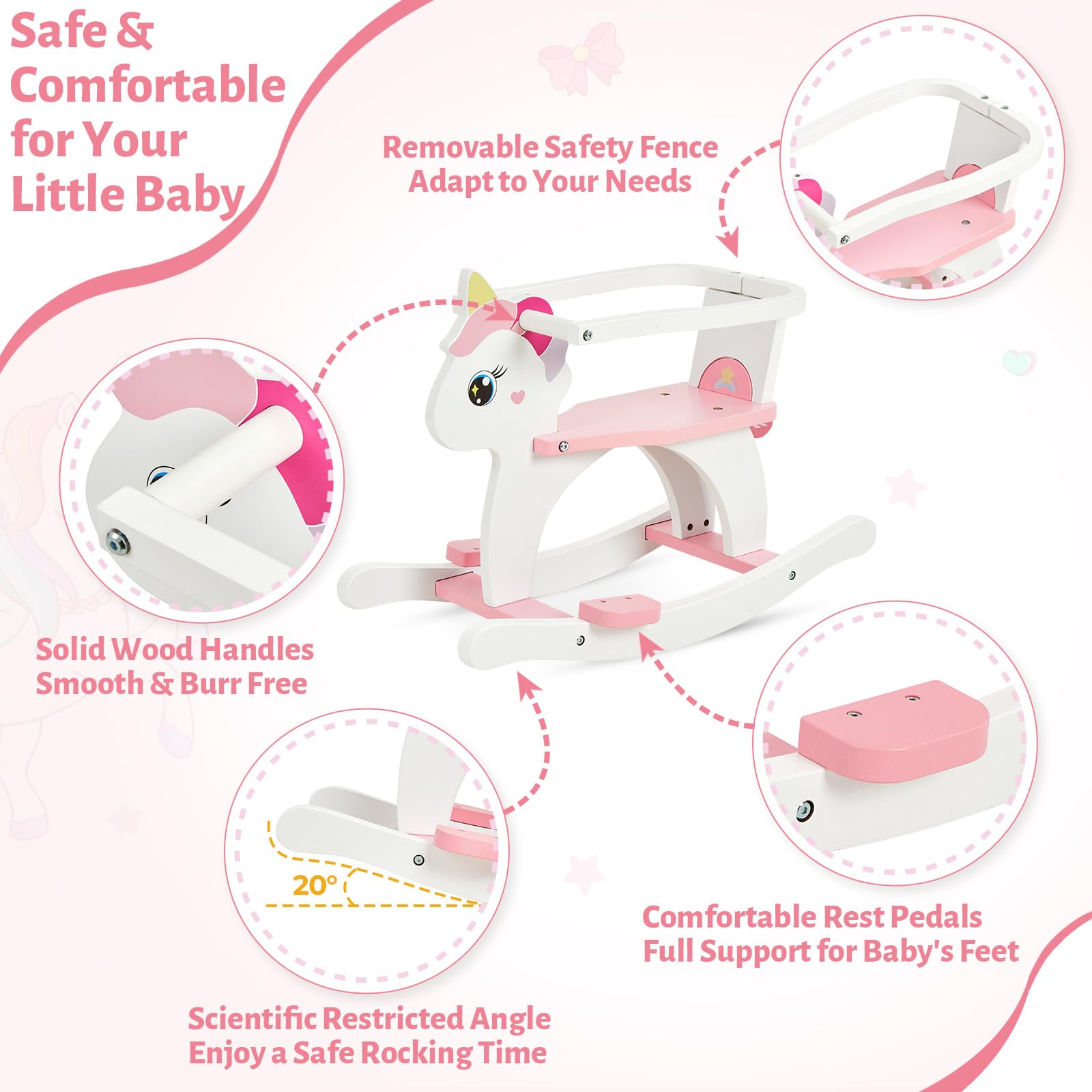 FUNLIO Caballo balancín de Madera Unicornio 0,5-3 años, con Valla y Respaldo Desmontables, balancín Infantil fácil de ensamblar, Certificado CPC – Rosa
