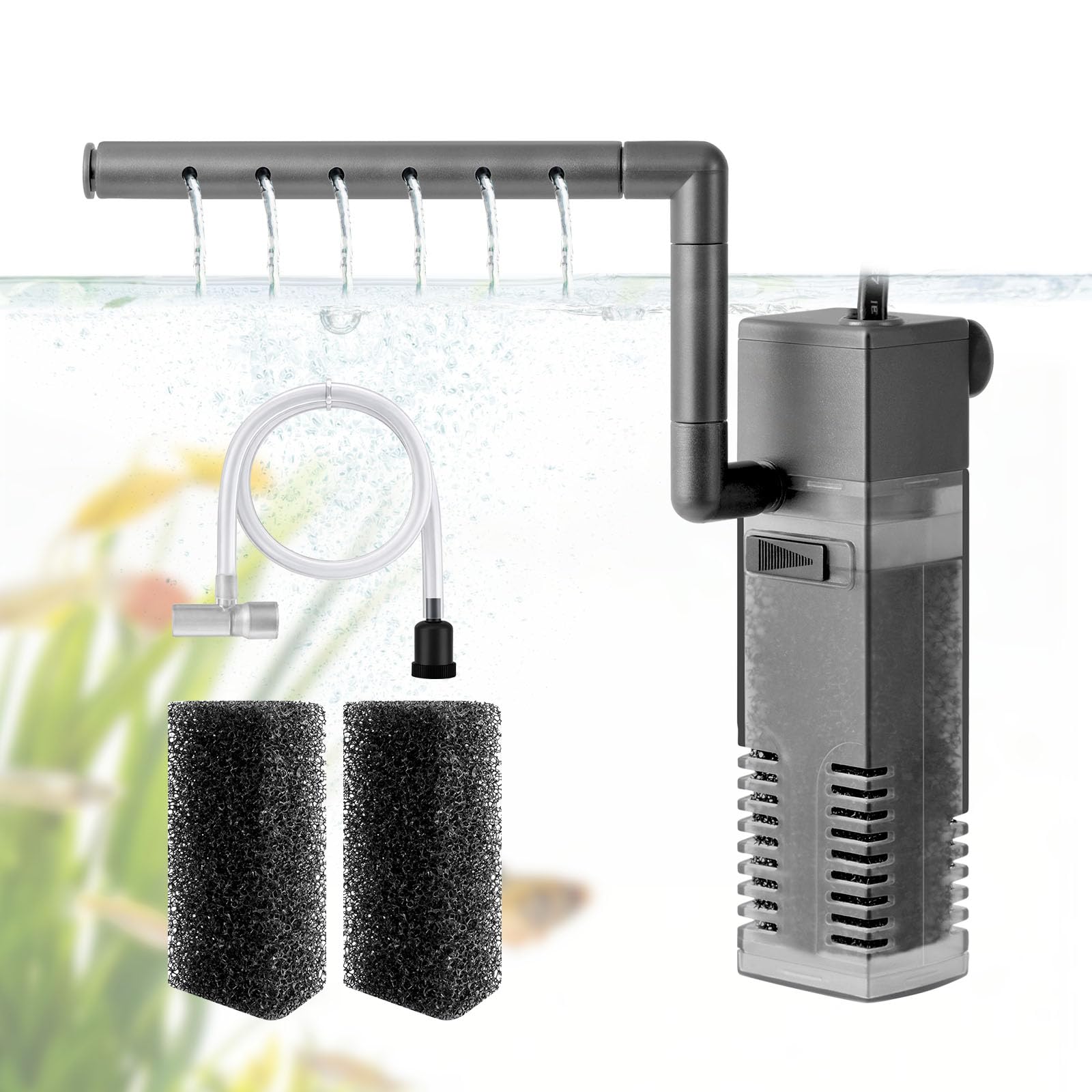 3W Leiser Aquarium Innenfilter, 4-IN-1 200L/H Mini Aquarium Filter mit Sauerstoffzufuhr–für 2-20L Kleine Fische Garnelen Fischbrut und Schildkröten Aquarien, mit wechselbarem Filterschwamm
