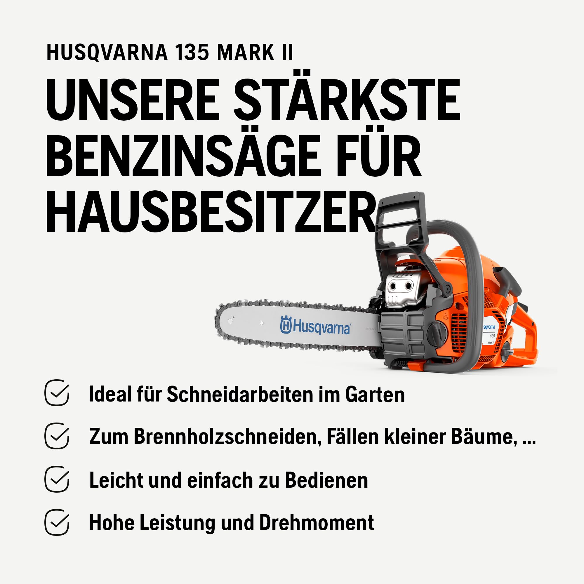 Husqvarna 135 Mark II Benzin-Kettensäge - 38 cc X-Torq® Motor, 14″-Schwert, LowVib®, Smart Start®, Air Injection™, ideal für Brennholz, Baumschnitt und Gartenpflege