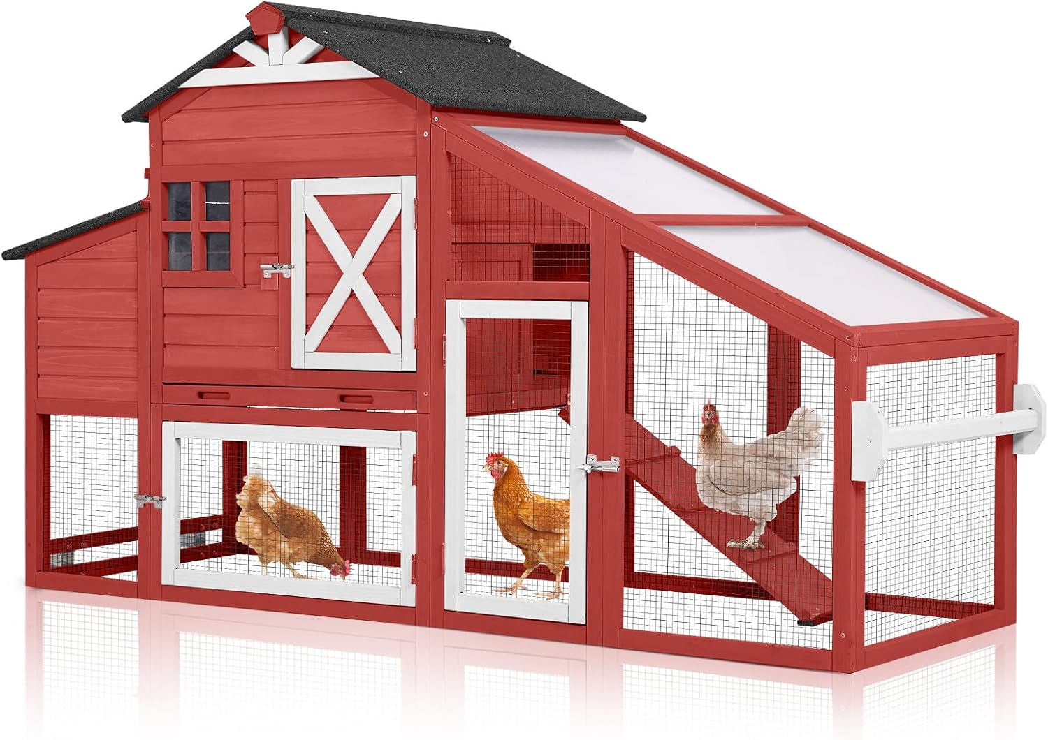 Chicken Coop with Wheels Wooden Outdoor Chicken House Easy Cleaning with Nesting Box, Deeper Leakproof Pull-Out Tray and UV Proof Panel Roof - Reinforced Version - Red
