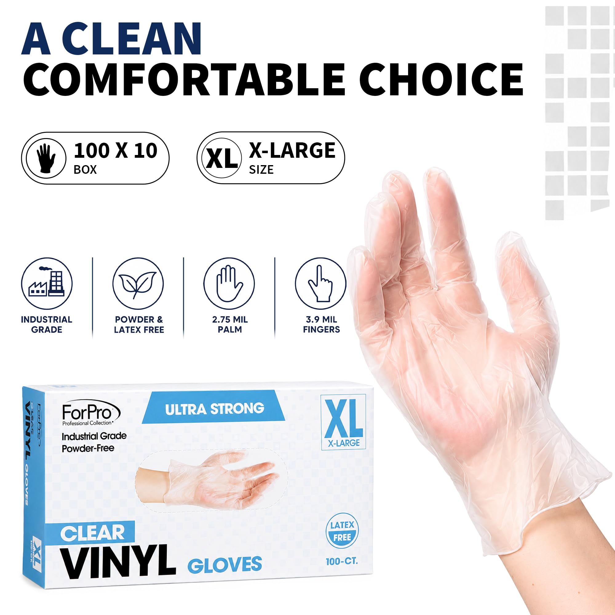 ForPro Einweg-Vinylhandschuhe, transparent, Industriequalität, puderfrei, latexfrei, unsteril, lebensmittelecht, 2,75 mm, Handfläche, 3,9 mm Finger, XL, 100 Stück (10 Stück)