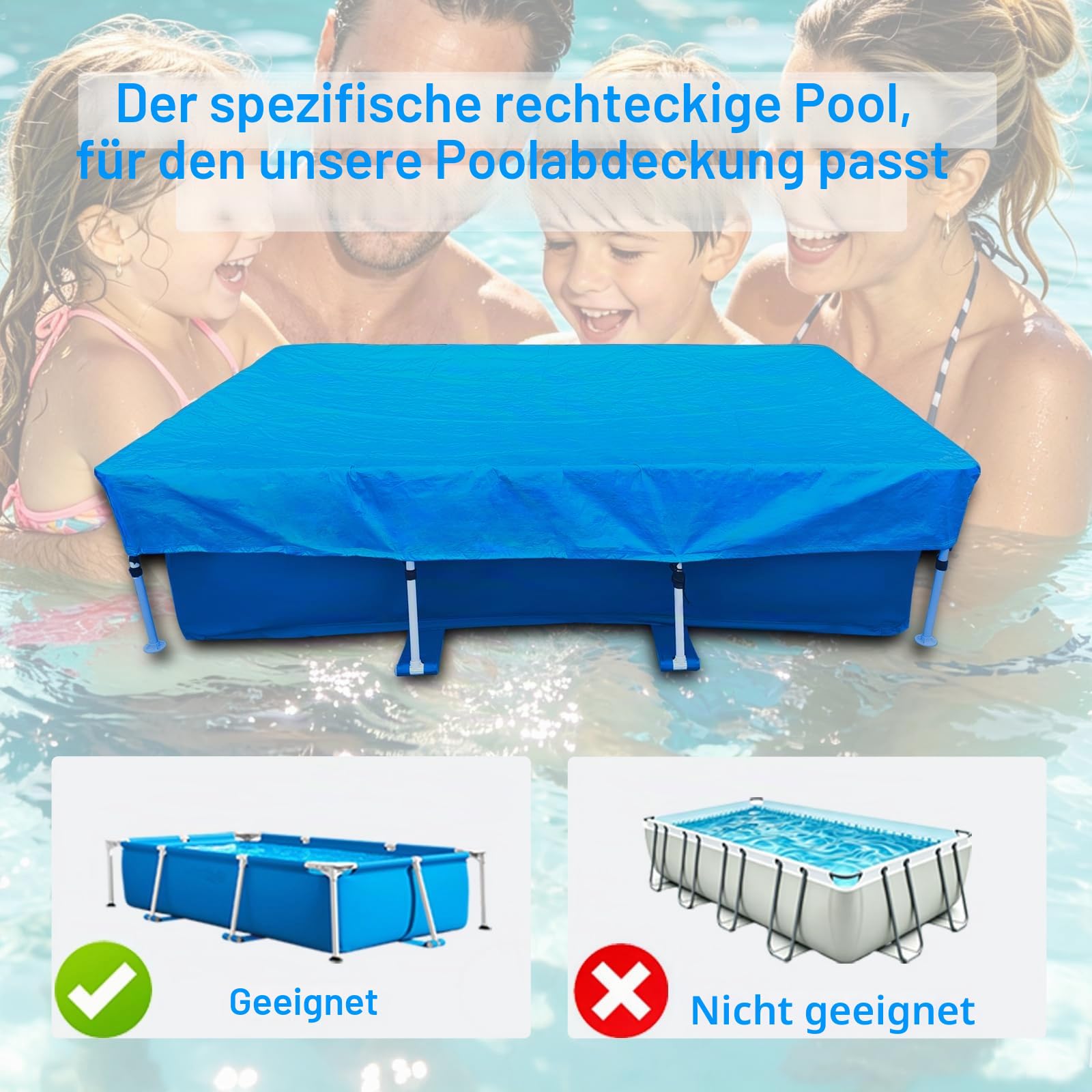 Rechteckige Poolabdeckung 220 x 150 cm für Oberirdische Pools aus 5-Schicht Reißbeständig PE Wasserdicht Sommer & Winter Pool Cover Easy Set für Rechteckiger Rahmen Pool