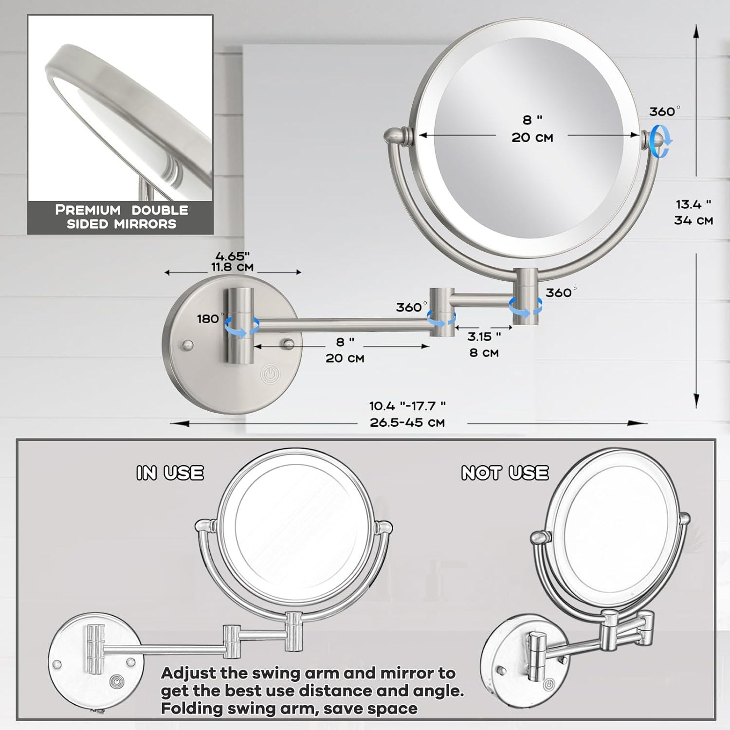 8 Inch Rechargeable Brass Lighted Magnifying Mirror Wall Mounted, 1X/5X Double-Sided Bathroom Personal Makeup Mirror with Light, Brushed Nickel
