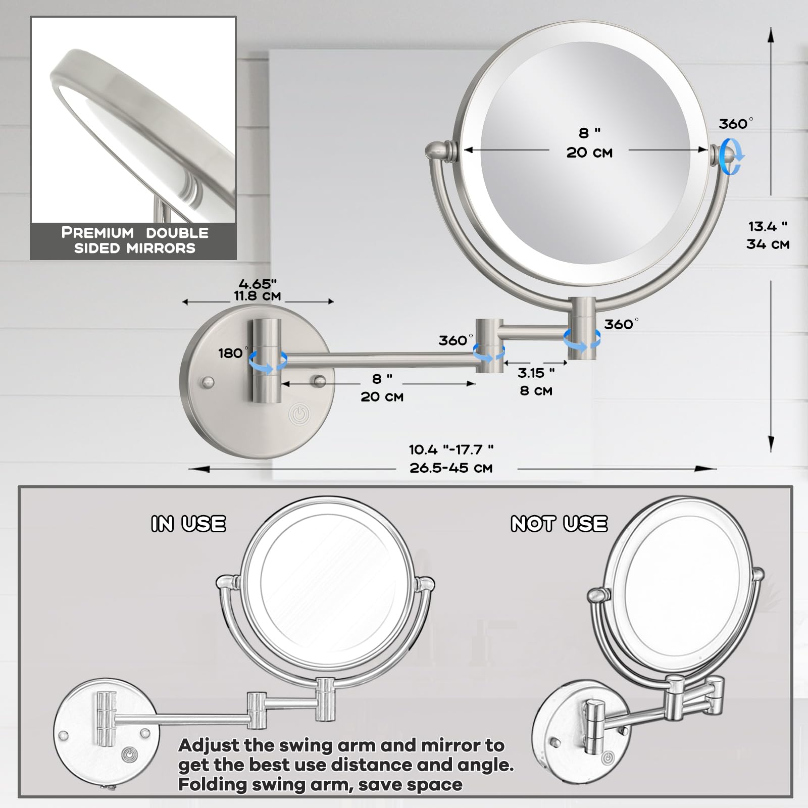 Espejo Maquillaje con Luz Aumento, 1X/5X Latón Doble Cara Espejo Aumento, Control por Interruptor Táctil, Brillo Ajustable, 360 Giratorio Espejo,Espejo de Afeitar para Baño,USB Recargable
