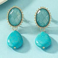 Vista 2 de Pendientes colgantes de turquesa de estilo vintage, cristal facetado ovalado, ajuste de corona dorada
