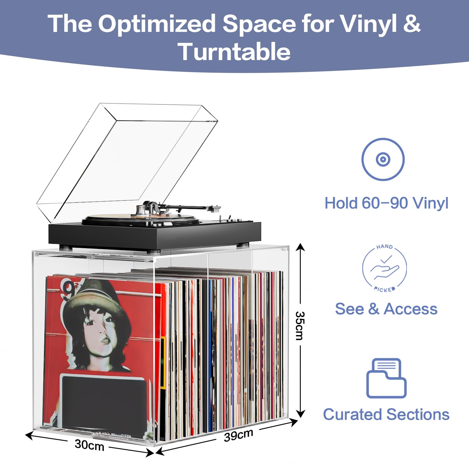 Bikoney Przechowywanie Płyt Winylowych, Akrylowy Stojak Możliwy do Układania w Stosy, Organizer na 50+ Albumów, Przezroczysty Pojemnik na Winyle 12" i 7", Crystal Clear Gramofon Stół z Akrylu