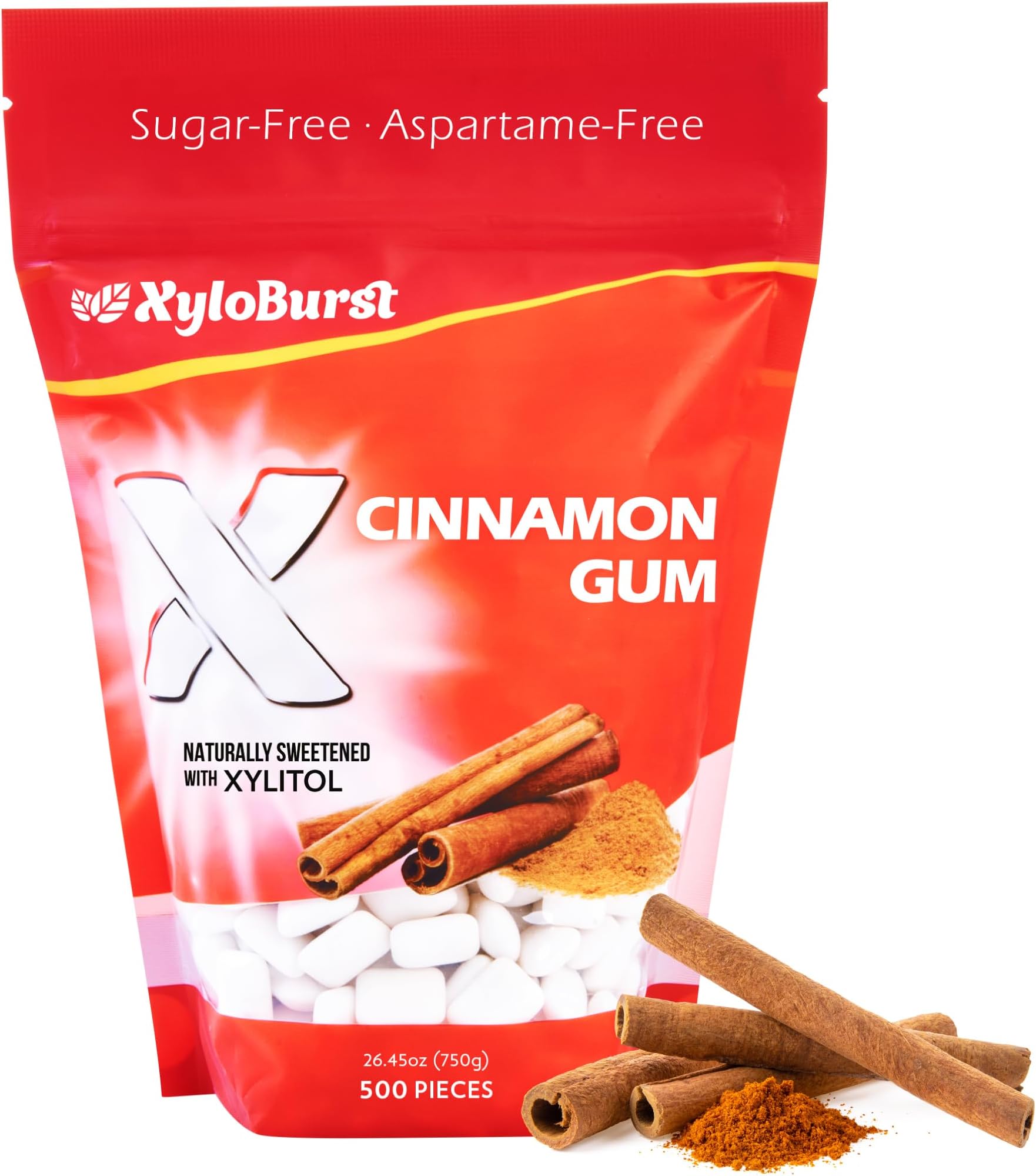 XyloBurst Gum | Xylitol Chewing Gum | Sugar Free, Gluten Free, Keto Friendly | Aspartame Free Gum For Oral Health | Cinnamon | 500-Count Bag