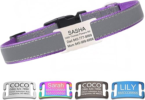 Miniatura 13 de Collar reflectante personalizado para perro con placa de nombre, ajustable grabado personalizado con nombre de mascota y número de teléfono, placa