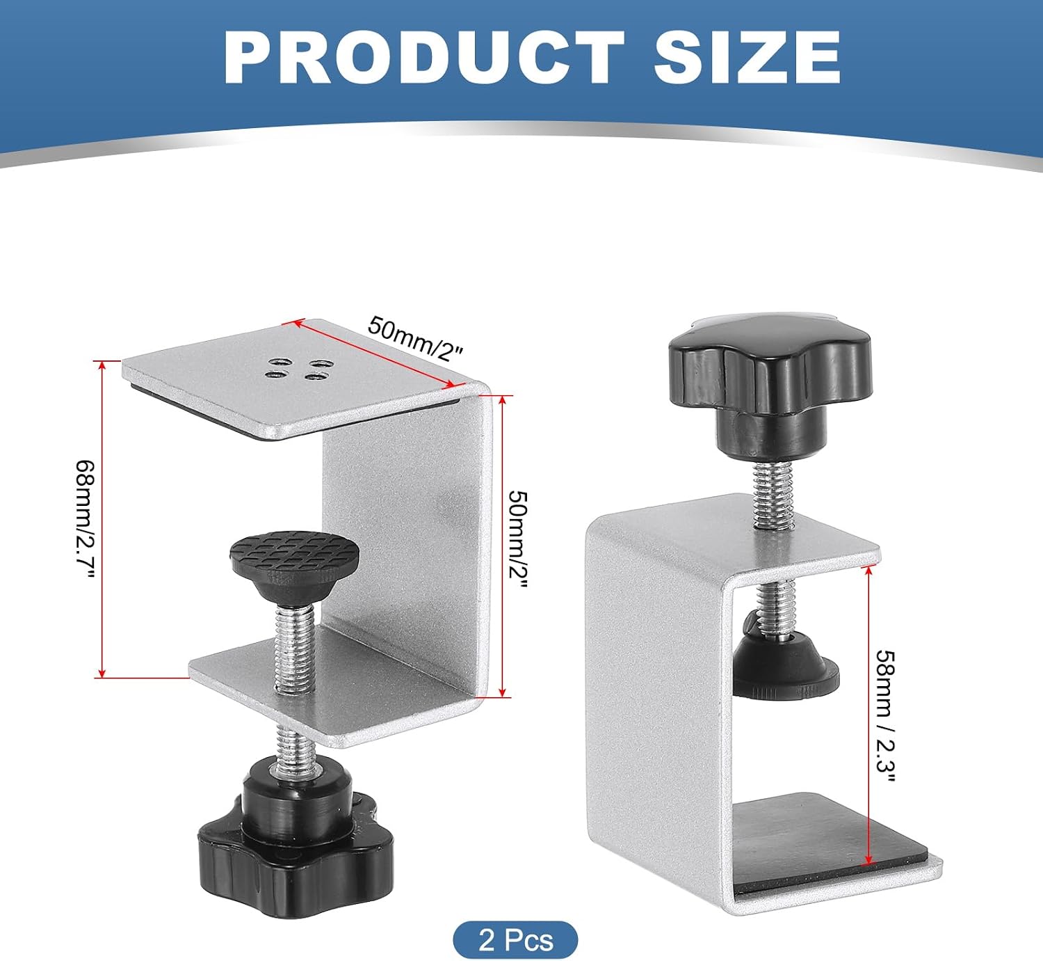 PATIKIL C Clamps, 2 Pcs Heavy Duty Metal Black Desk Clamp Adjustable Mounting Table Clamp with Protective Pad for Fixing Acrylic Glass Plastic Wood Sheets, Silver Tone