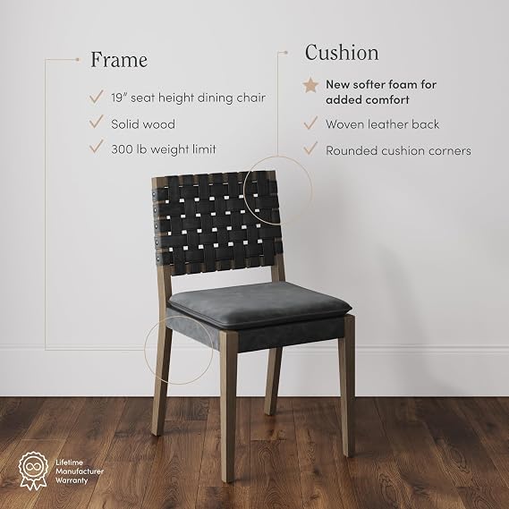 Nathan James Cohen 19 in. Wood Dining Chair, Mid-Century Modern Upholstered Side Chair with Hand Woven Faux Suede Backrest, Black