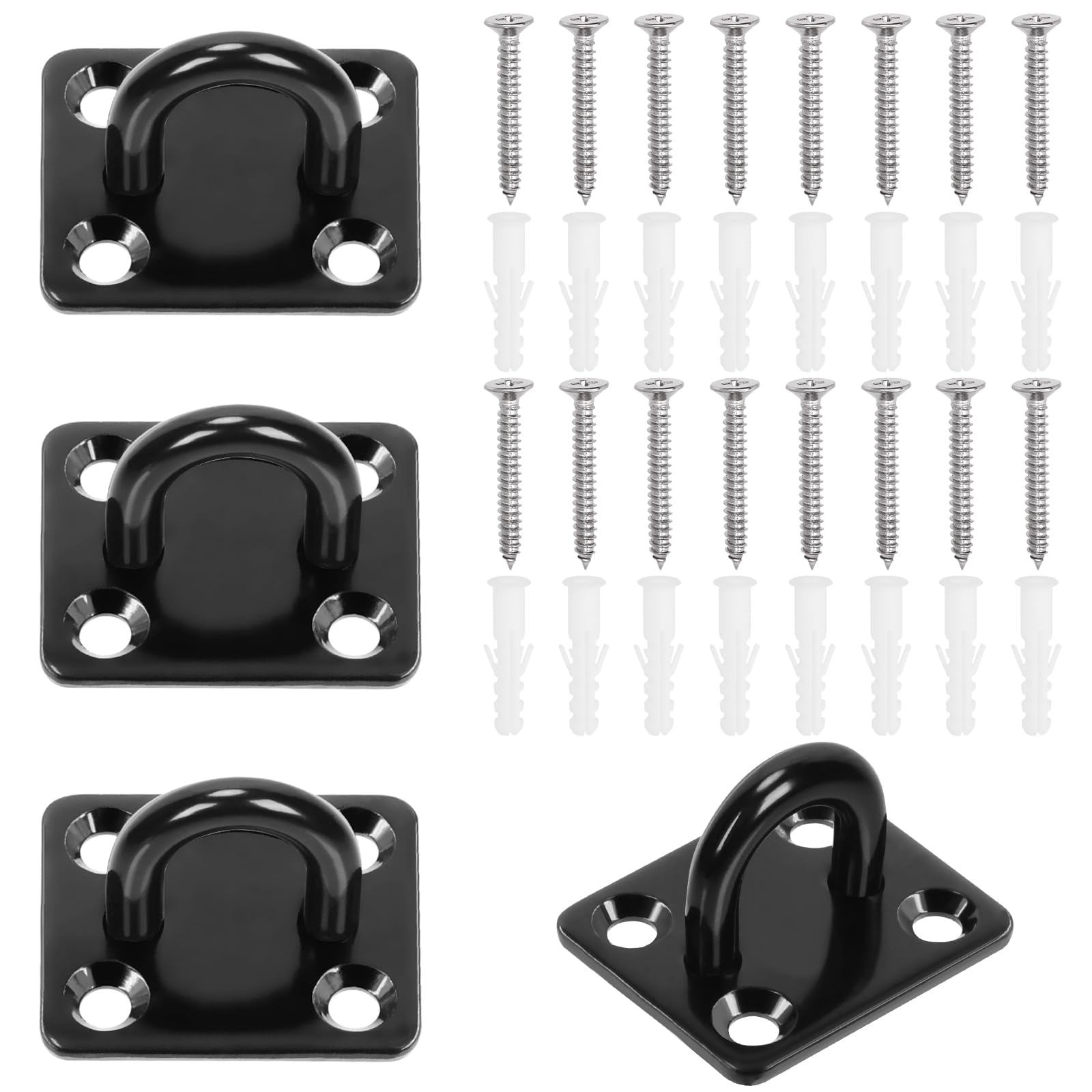 Rustark 4Pcs M5 304 Stainless Steel Square Pad Eye Plate Hook Assortment Kit Black Pad Eye Plate Marine Hardware Hook with Screw Heavy Duty Ceiling Hook for Swing Hanging Outdoor and Indoor Activity