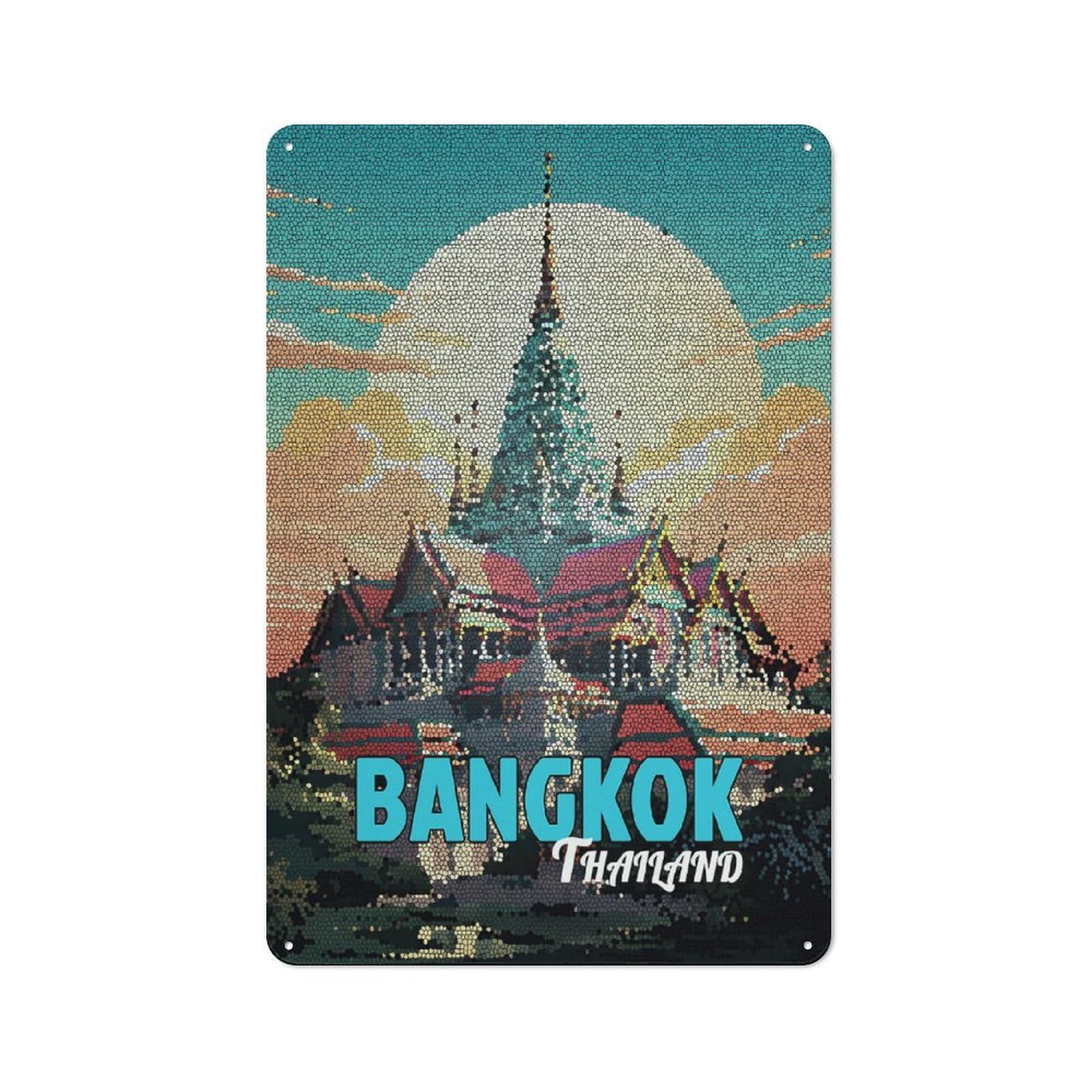 Metal Wall Plaque with Bangkok Thailand Mosaic Art Design 30x20cm, Retro Room Wall Plaque for Home, Shop, Pub Or Studio Wall