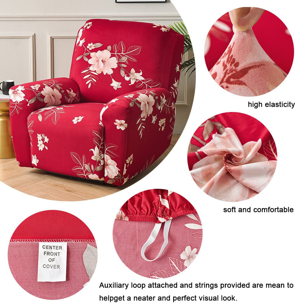 Highdi Copripoltrona Relax Reclinabile Completo 4-Pezzo Fodera per Poltrona Elasticizzato 1 Posto con Tasche, Coprisedile Poltrona Lavabile Antiscivolo Copripoltrona (Rosso Giovanile