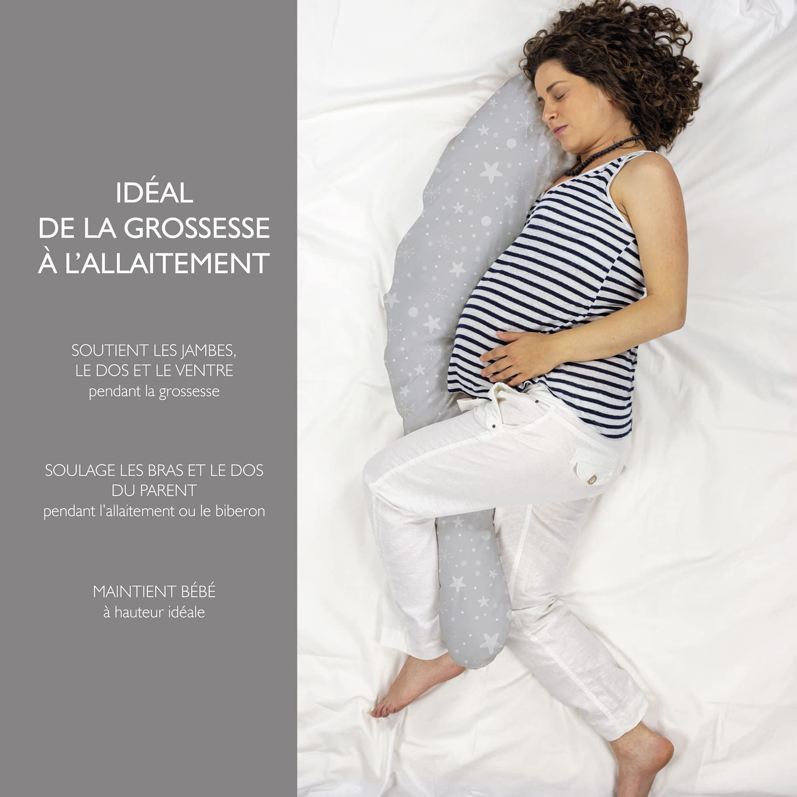 Naf Naf Coussin XXL d'allaitement et de Grossesse Confortable pour Dormir Multifonctionnel Certifié Oeko-Tex sans Produit Chimique Housse Fabriqué en Europe (Gris Motif Blanc)