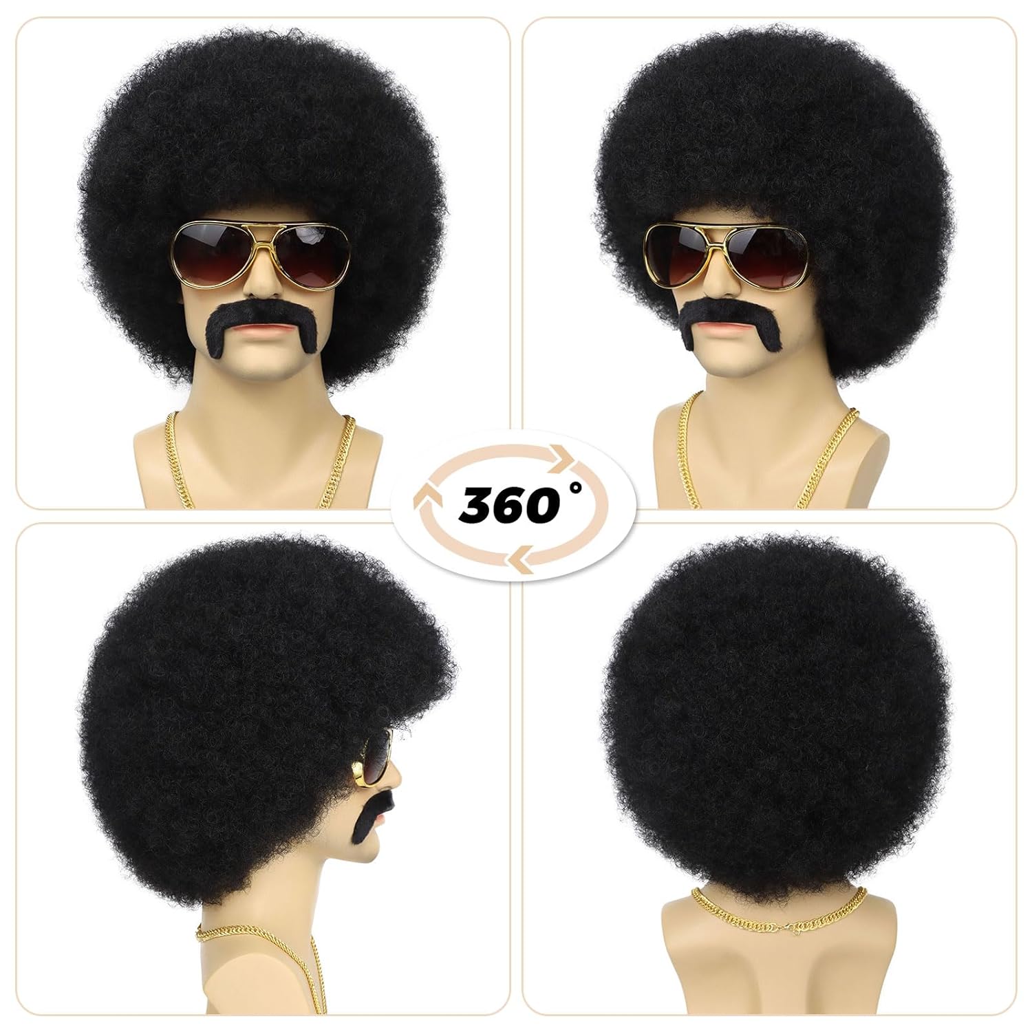 70S Men’s Afro Wig for Disco Party, 5pcs Set (Glasses+ Necklace+ Mustache+ Wig Cap) Black Afro Curly Retro Disco Rocker Wigs for 70S 80S Costume Halloween Cosplay Use - Image 4