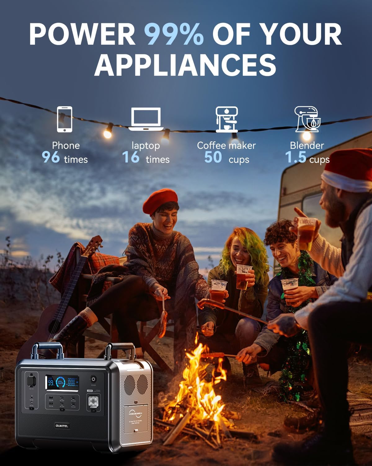 OUKITEL P1201 charging from a wall outlet, showing 1.5 hour fast charge