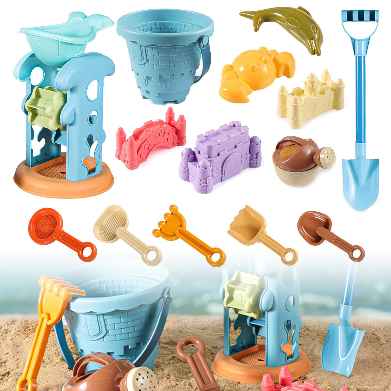 Bucket and Spade Beach Set – 14PCS Sand Toys with Animal & Castle Molds, Bucket and Spade Set with Mesh Storage Bag, Outdoor Sand Play Tools for Beach, Sandpit, Garden Activities for Boys Girls