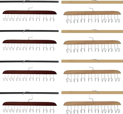 Miniatura 8 de 4 soportes de madera para cinturones, colgador multifuncional para cinturón de madera con 8 ganchos de metal, organizador de perchas de madera
