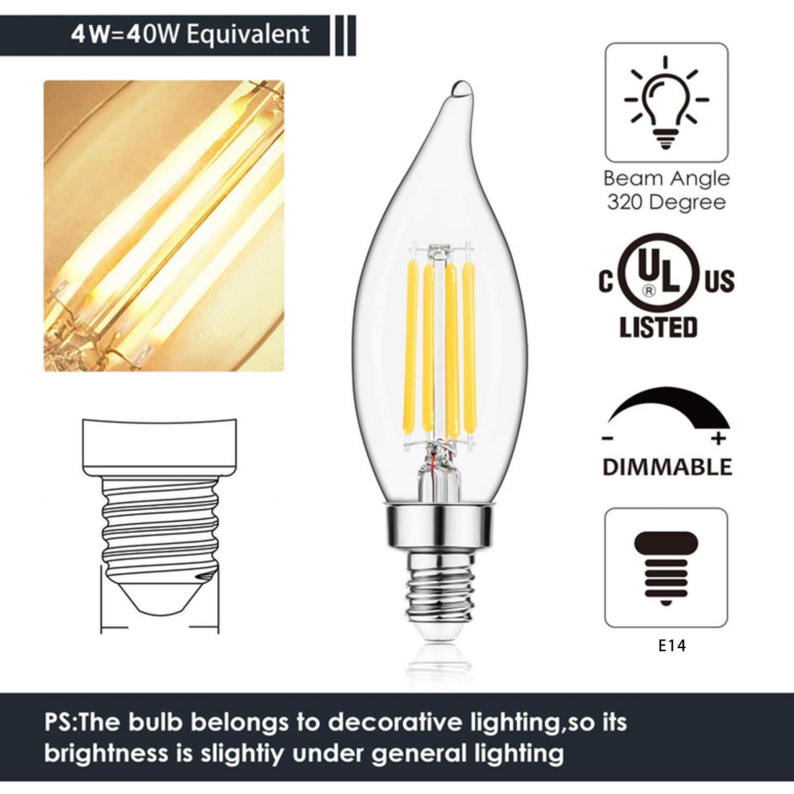 Lampadine a candela a filamento dimmerabili LED C35 Candelabri con punta piegata Stile classico Edison vintage, Portalampada, Bianco caldo/Bianco freddo, Confezione 6, Bianco caldo