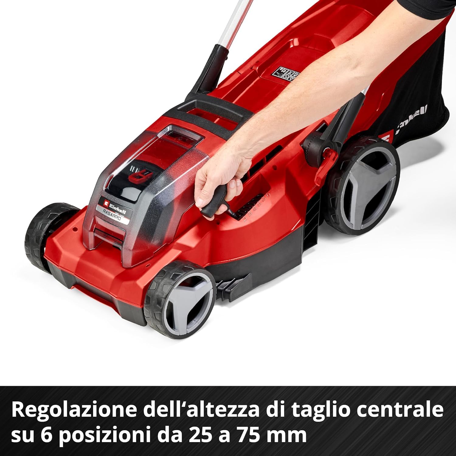 Einhell Tagliaerba a batteria RASARRO 36/36 Kit Power X-Change (36 V, largh. di taglio 36 cm, fino a 400 m², vano 45 l, alt. di taglio 25-75 mm, incl. 2 batterie 3,0 Ah Plus + 2 caricabatteria)