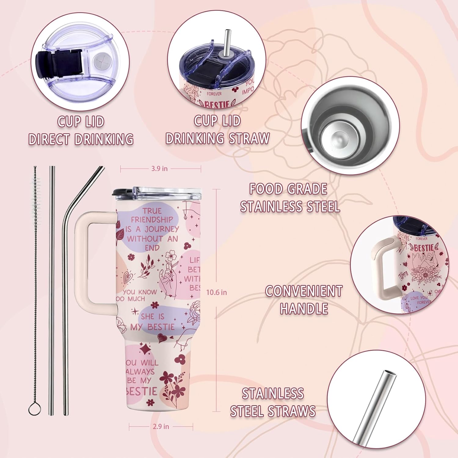 Bestie Gifts for Women, 40 Oz Bestie Tumbler with Handle & Straw, Friends Tumbler, Bestfriend Gift, Thanksgiving Christmas Birthday Gift for Bestfriend, Friend Cup for Her Women Female, 1 PCS - Image 4