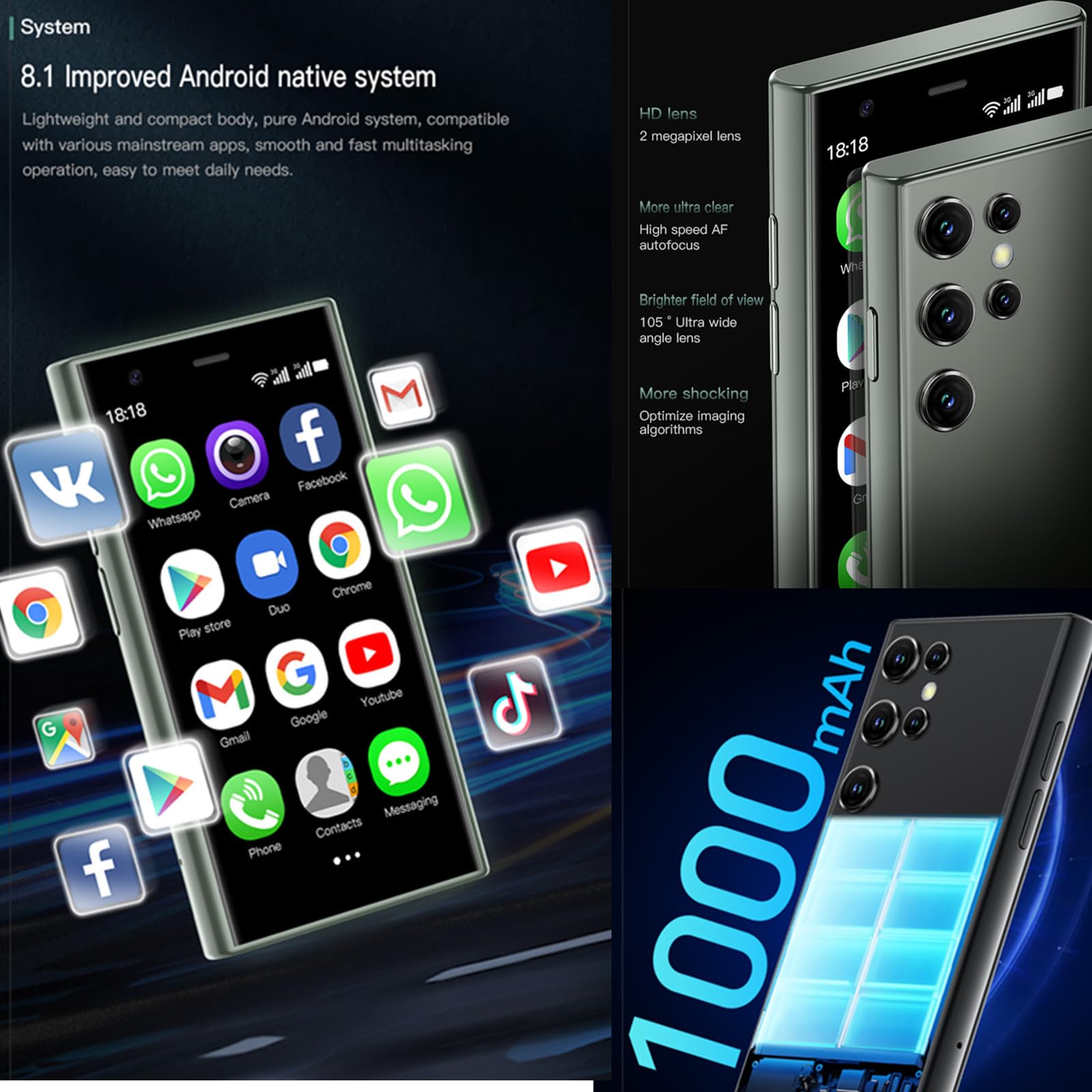 Pomya Super Mini Smartphone, 3G Dual SIM Teléfono Móvil Pequeño 1GB 8GB