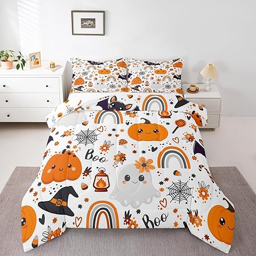 Miniatura 3 de Erosebridal Juego de ropa de cama con diseño de arco iris, decoración de calabaza de Halloween, gótico, murciélagos de Halloween para niños, lindo