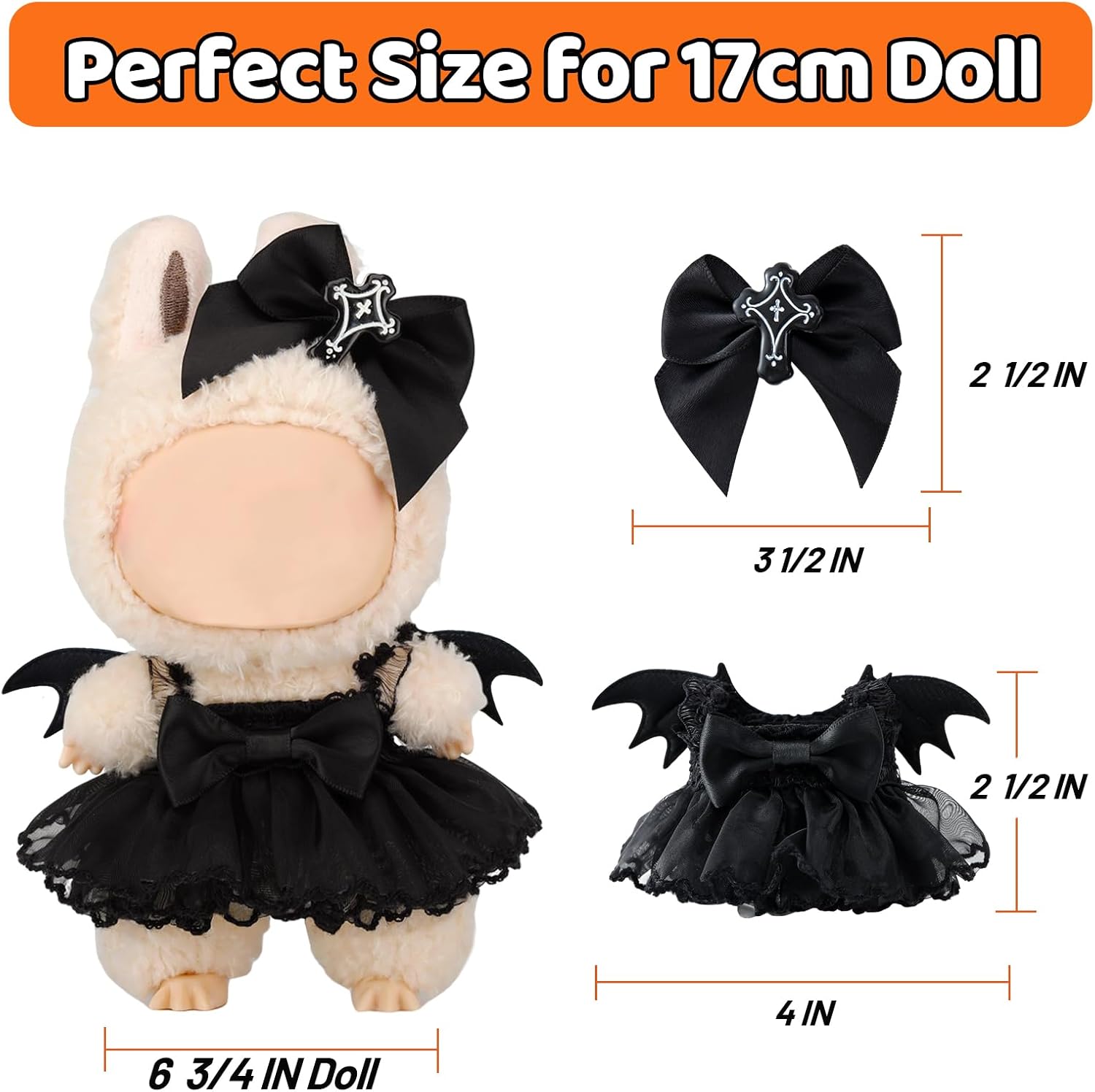 2 Pcs Doll Clothes Compatible with 17cm Lububu Clothes, Black Outfit Accessories Sets Include 1 Dress 1 Bow for Dolls Premium Outfit (No Doll) image 2