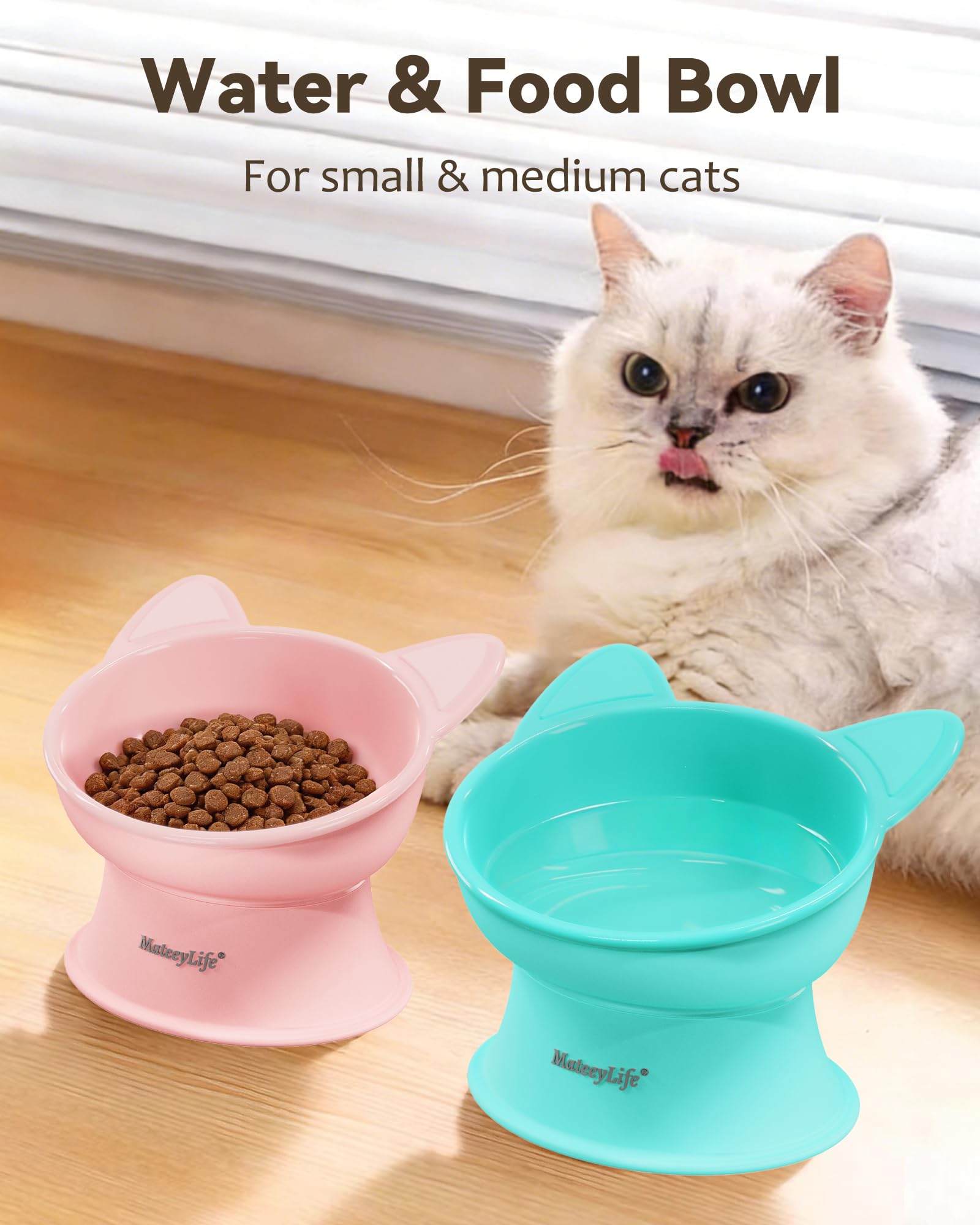 MateeyLife Ciotole per Gatti Rialzate, Set da 2 Ciotole Rialzate per Gatti con 15 Gradi, Ciotola Rialzata per Gatti da Interno e Cani di Piccola Taglia, Anti-affaticamento dei Baffi,Rosa & Verde