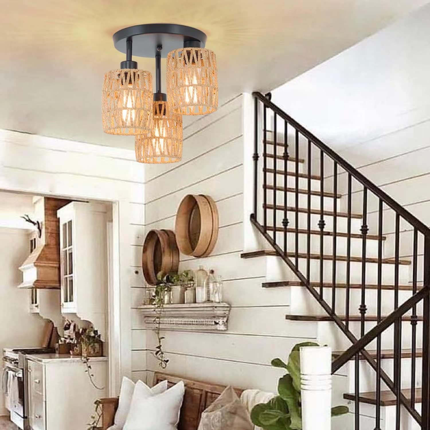 3-Lights Woven Rattan Ceiling Light Fixture,Farmhouse Hand-Woven Cage Semi Flush Mount Light, Boho Coastal Natural Basket Close to Ceiling Light for Bedroom Hallway Corridor Nursery