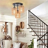 Vista 7 de Lámpara de techo de ratán tejida de 3 luces, luz de montaje semiempotrada tejida a mano, cesta natural costera bohemia cerca del techo