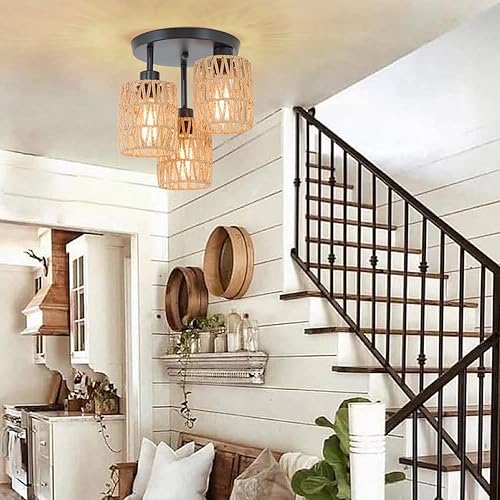 Miniatura 7 de Lámpara de techo de ratán tejida de 3 luces, luz de montaje semiempotrada tejida a mano, cesta natural costera bohemia cerca del techo, para