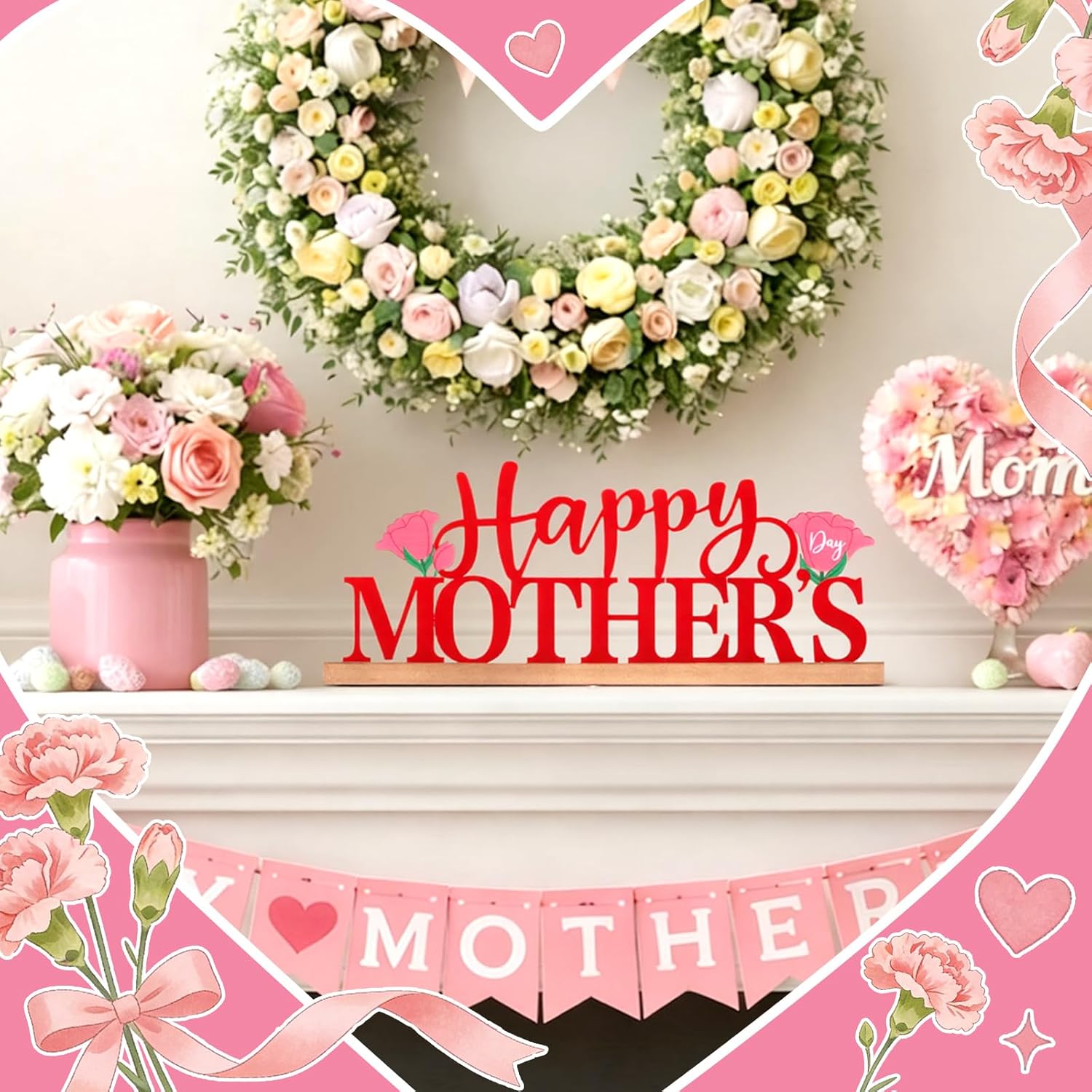 MiniInflat Happy Mother's Day Metal Sign Mother Table Centerpiece Gifts with Tulip Decoration Wood Base for Mom Grandma Wife Tiered Tray Decor Home Office Mantel Shelf Tabletop Desk Party Supplies