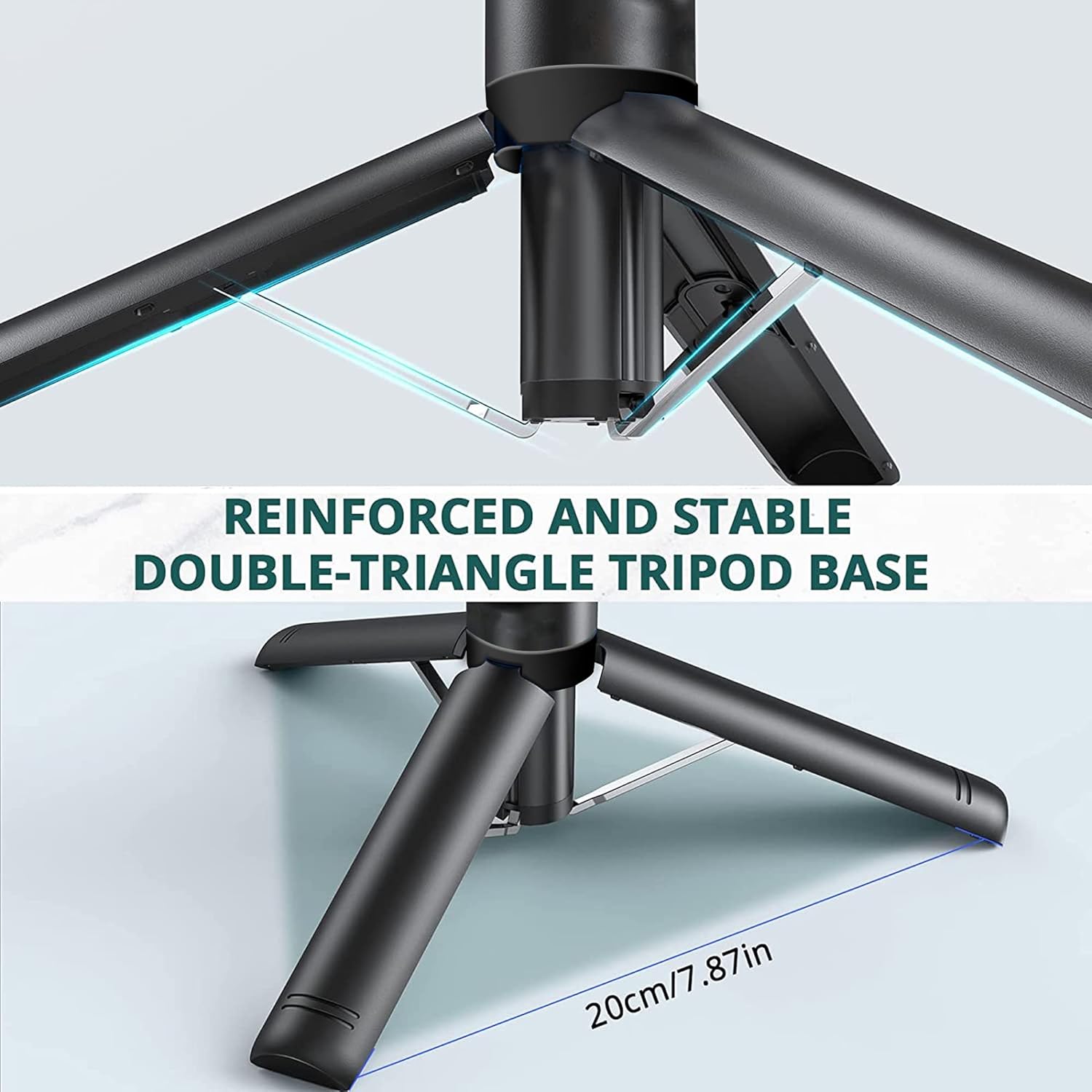 Close-up of the reinforced double-triangle tripod base for stability.